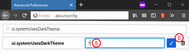 Firefox instructions: setting the property to 'dark mode'